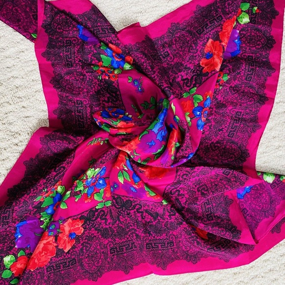 Vintage Silk Liz Claiborne Square Scarf Lace Print & Floral Design Gem Tones 90s - Picture 11 of 12